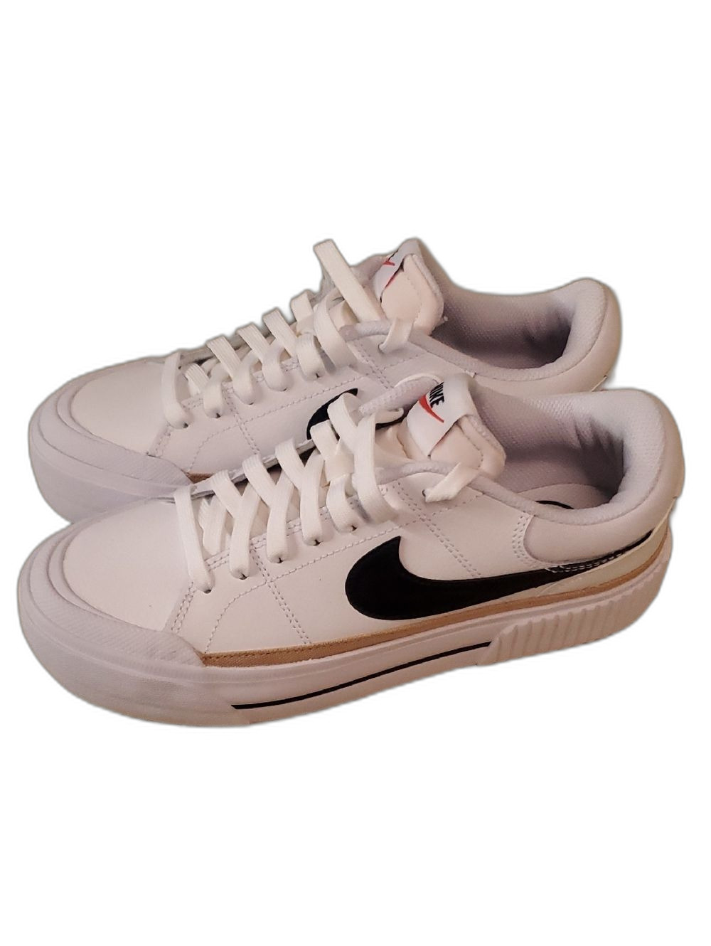 Nike Women's White Sneakers with Black Swoosh and Gold Stripe Size 7.5